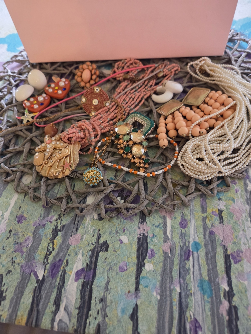 Multi-Strand Peach Coral Cream Necklace Ring Earrings LARGE LOT Jewelry Vintage